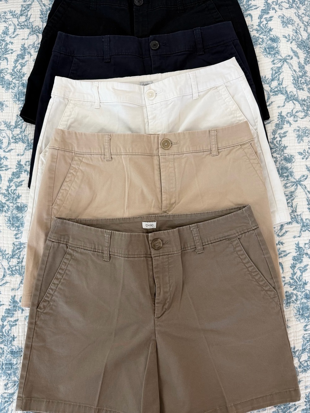 5 pairs of Claiborne Women’s Chino Shorts - Black, Navy, White, Beige, Taupe